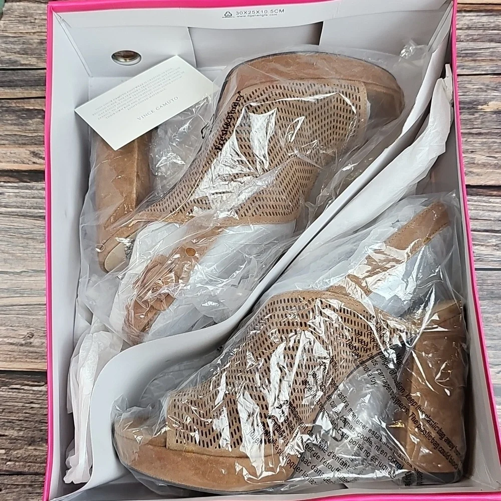 NIB VINCE CAMUTO VV-JENSEYA SEED BROWN PEEP-TOE PERFORATED BOOTIE SANDAL - Picture 11 of 12